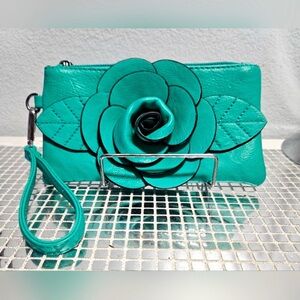 MELLOW WORLD Teal 3D Rose Wristlet, EUC